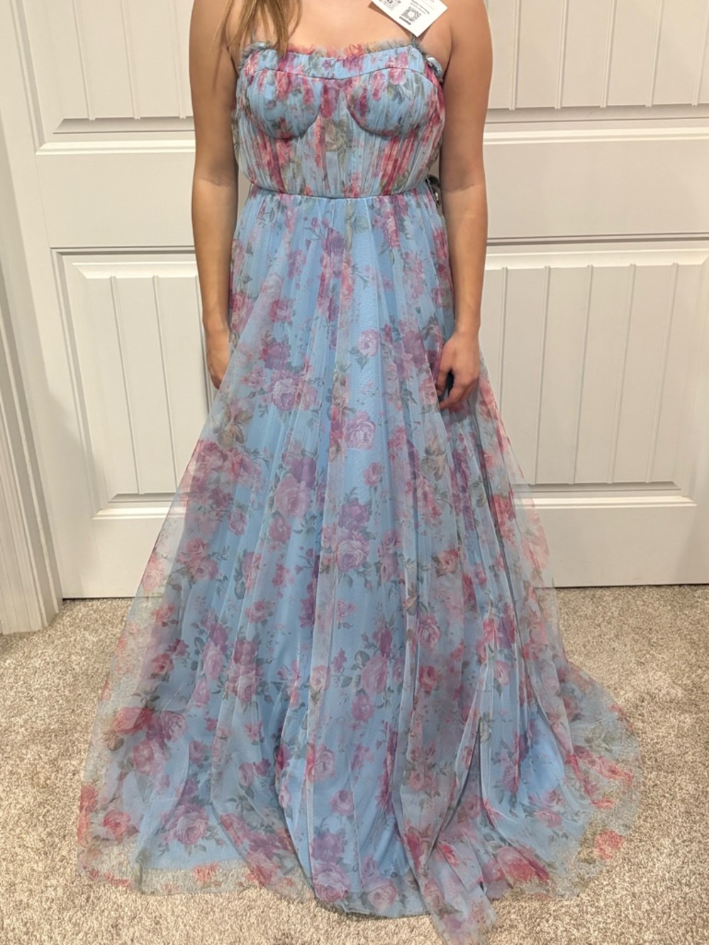 Light Blue Floral Strapless Tulle Gown